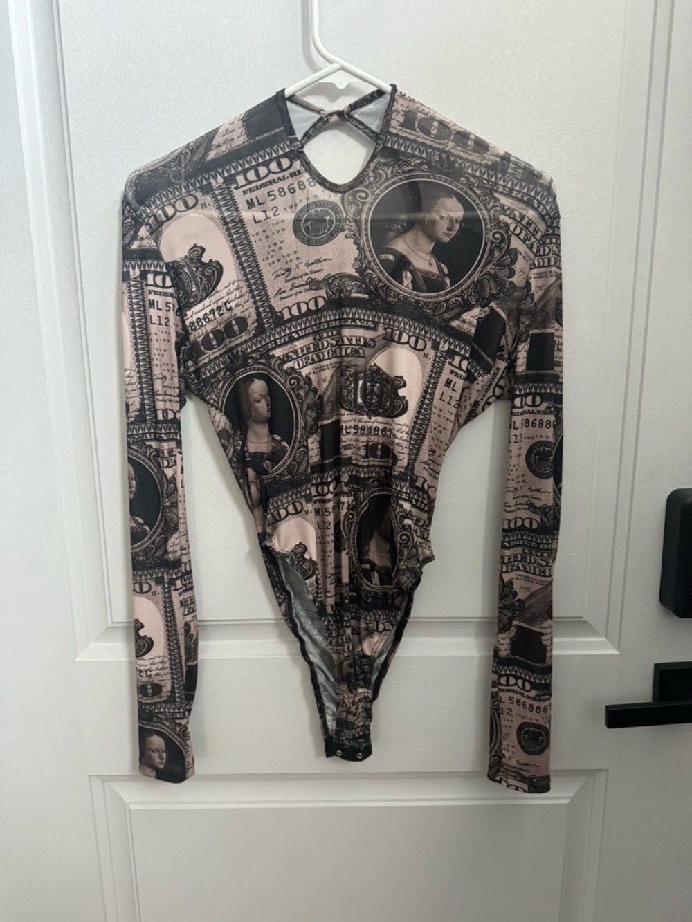 Mesh (sheer) long sleeve bodysuit with beige/black money print